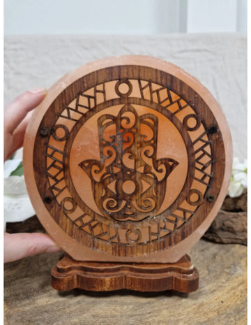 Zoutsteen lamp hamsa hand rond deco incl. elektra