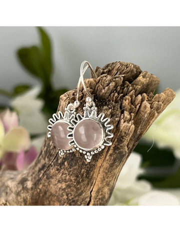 Roze kwarts zilveren design oorbellen