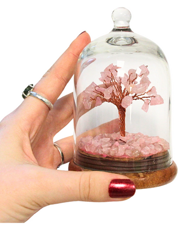 Rozenkwarts edelsteen boompje onder glazen stolp